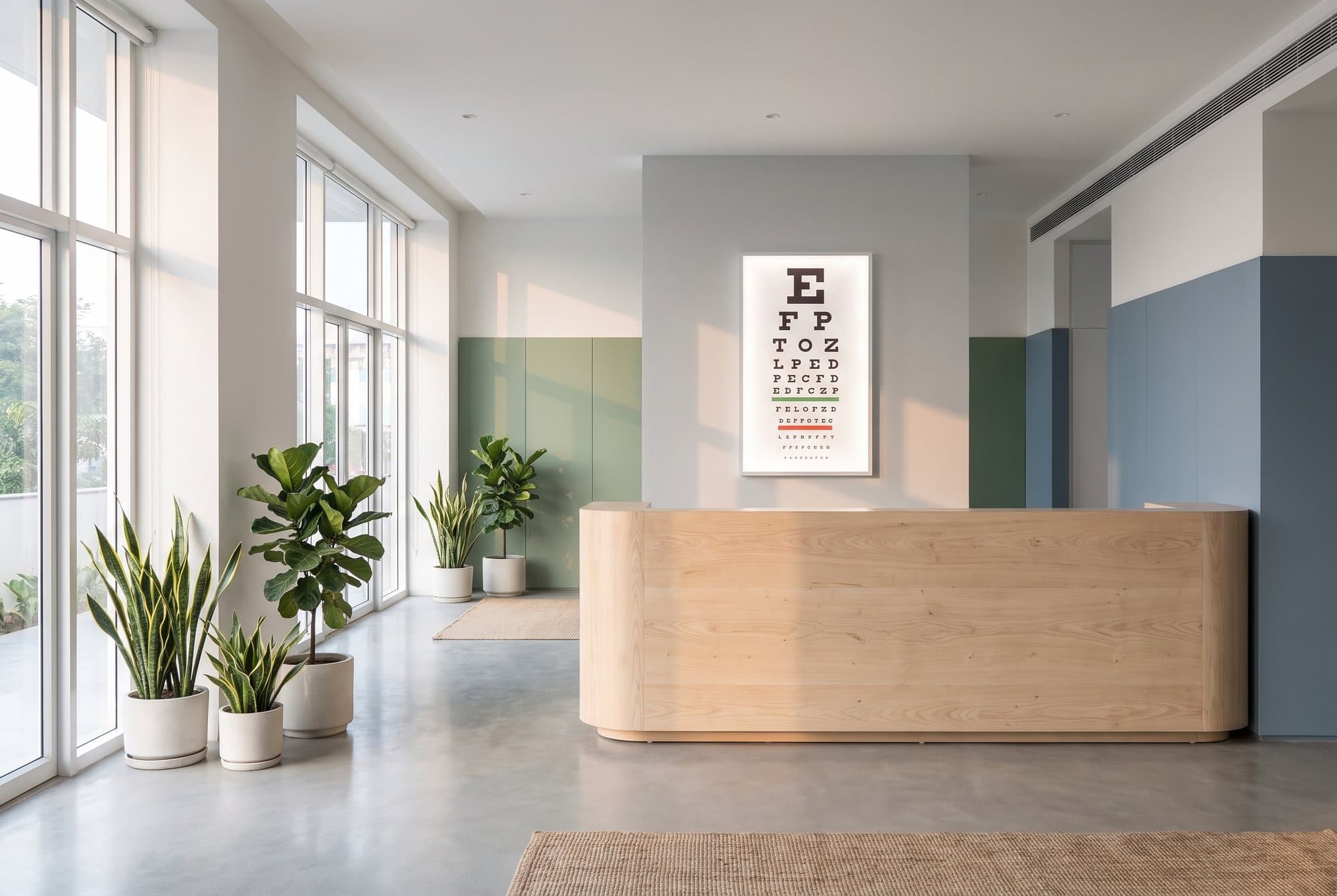 A bright, modern eye clinic reception (representative image)